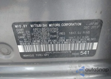 2018 Mitsubishi Outlander Es from USA, damaged, VIN JA4AZ3A39JJ002579